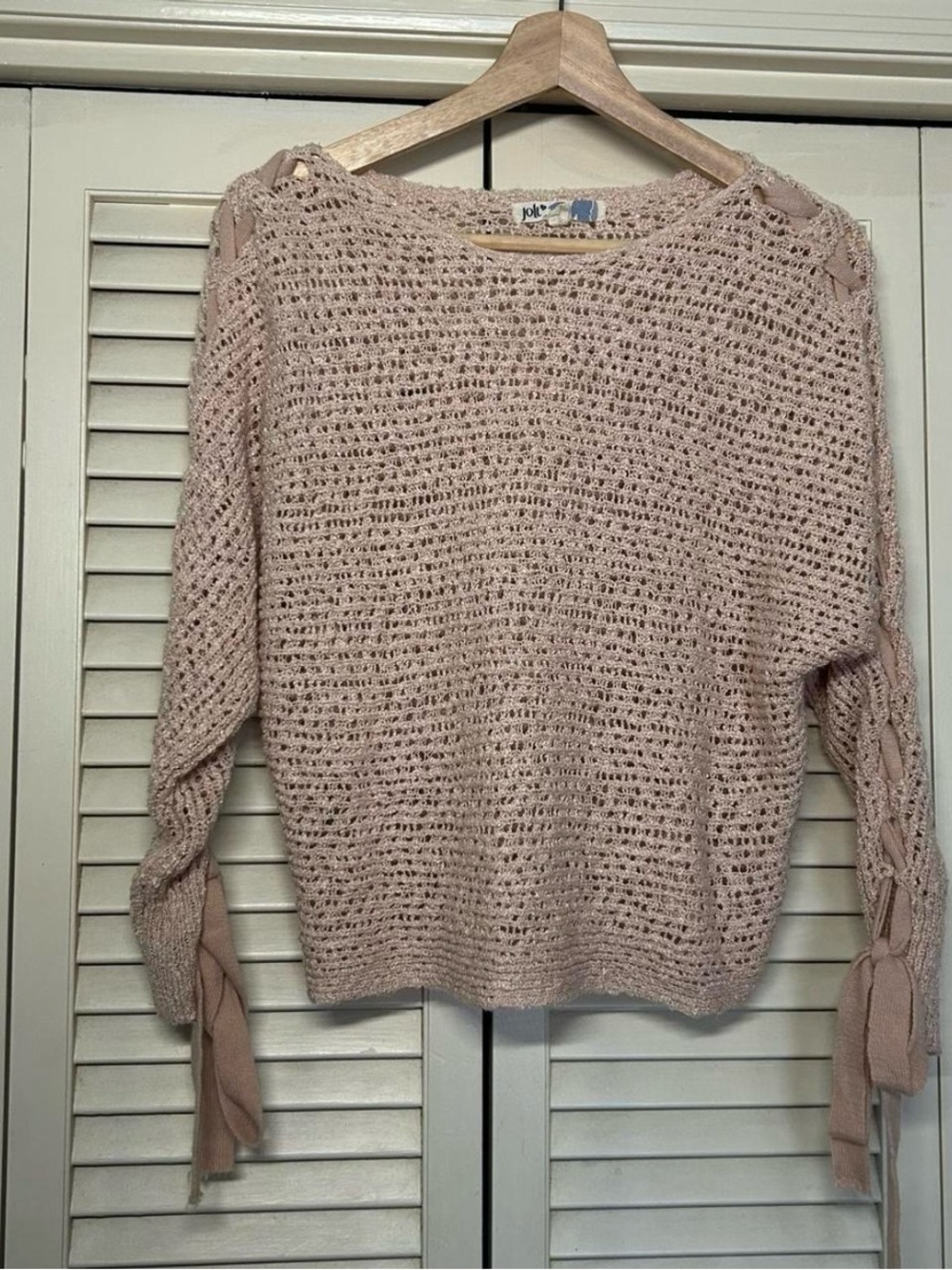 Jolt Open-Knit Ribbon-Sleeve Sweater - Blush Pink size medium